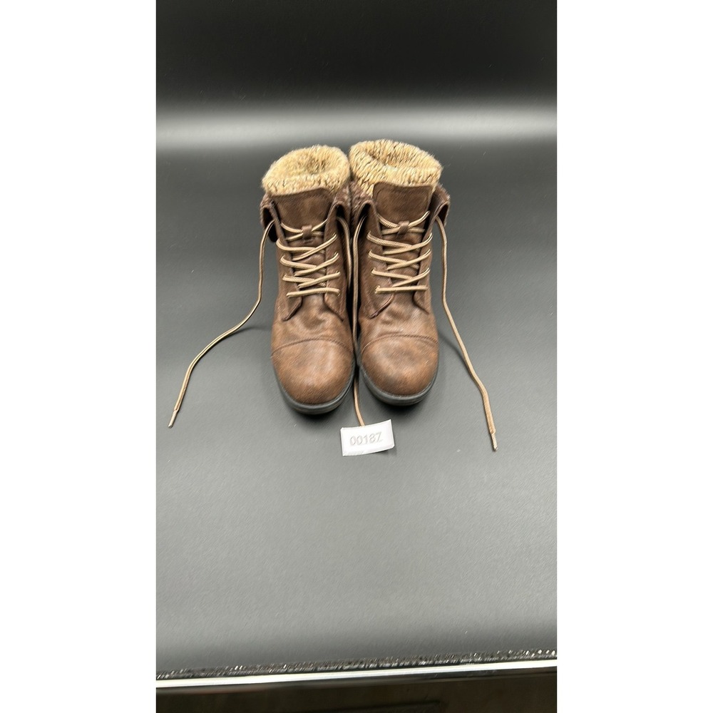 Women Brown Lace-Up Ankle Boots Knit Collar Duena Low Heel 8.5